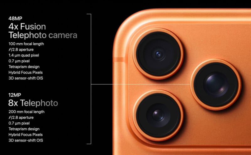 Close-up of an orange smartphone with three camera lenses. Text describes two telephoto cameras: a 48MP 4x Fusion Telephoto and a 12MP 8x Telephoto, highlighting features like aperture, pixel size, and optical image stabilization.