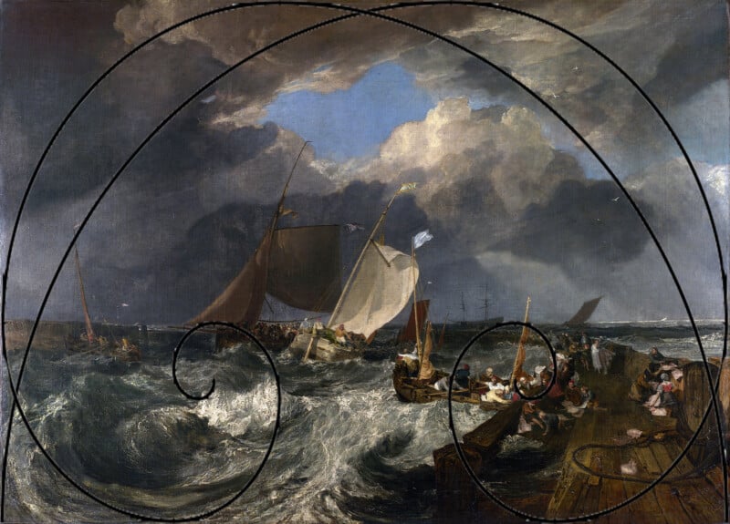 A dramatic seascape with boats battling rough waves under a stormy sky, seen from a crowded pier; dark clouds loom overhead, and people on the pier watch the turbulent scene. Curved black guidelines overlay the image.