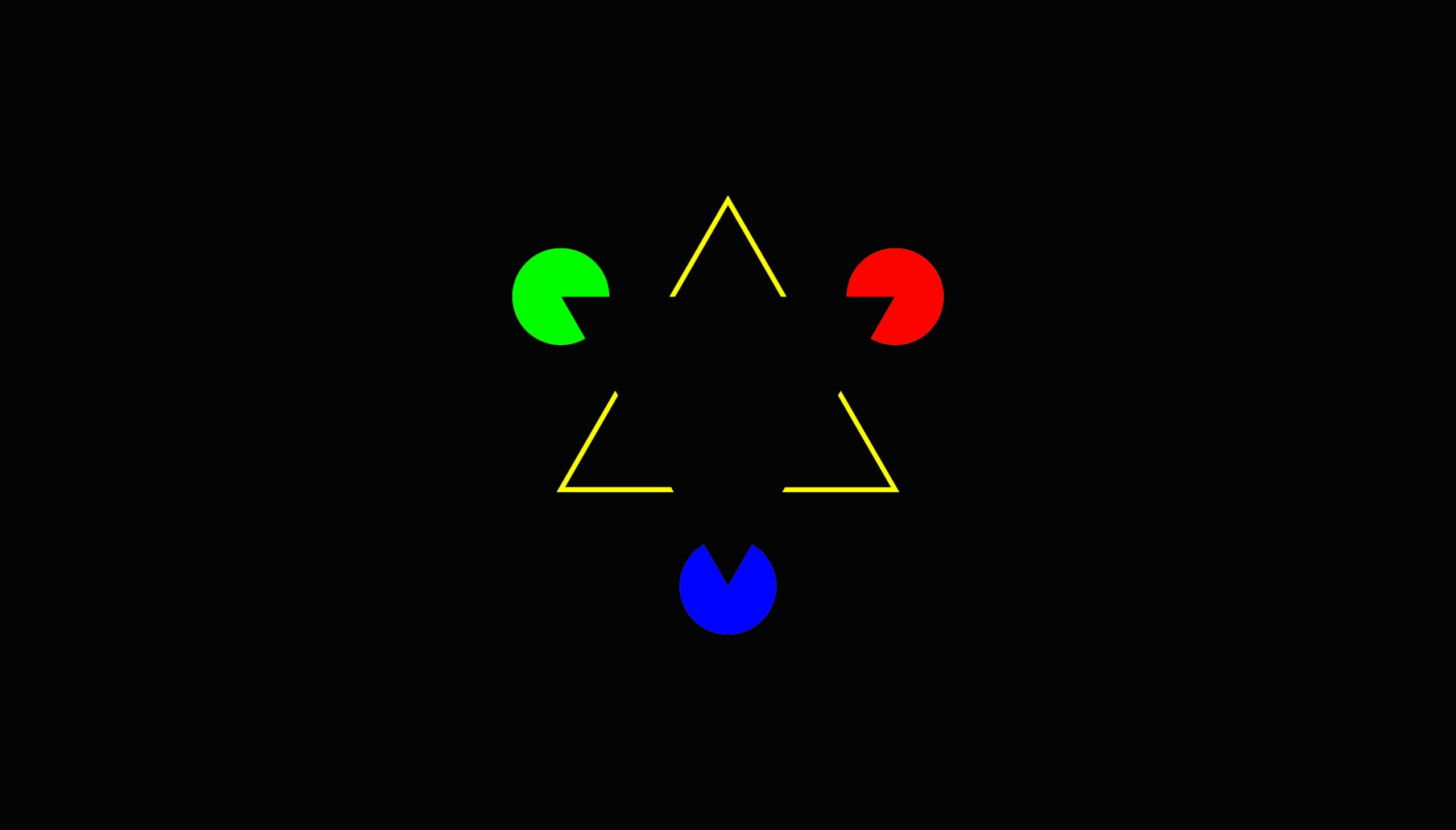A black background with a yellow triangle in the center, its corners missing. Around each triangle point is a Pac-Man-like shape: green top left, red top right, and blue at the bottom.