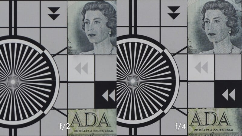 Side-by-side comparison of a test chart overlaid with a banknote, labeled "f/2" on the left and "f/4" on the right, showing differences in sharpness and clarity between the two apertures.
