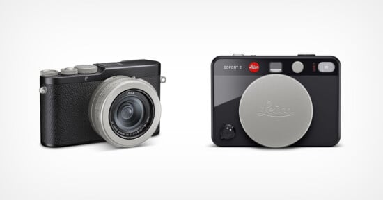 Two compact Leica digital cameras, one shown angled to display its lens and textured grip, and the other facing forward with a large silver lens cap covering the lens, both on a plain white background.