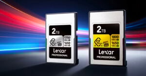 Two Lexar Professional CFexpress memory cards, each with 2TB capacity, are shown side by side against a colorful blurred background, highlighting their speed ratings and storage capabilities.