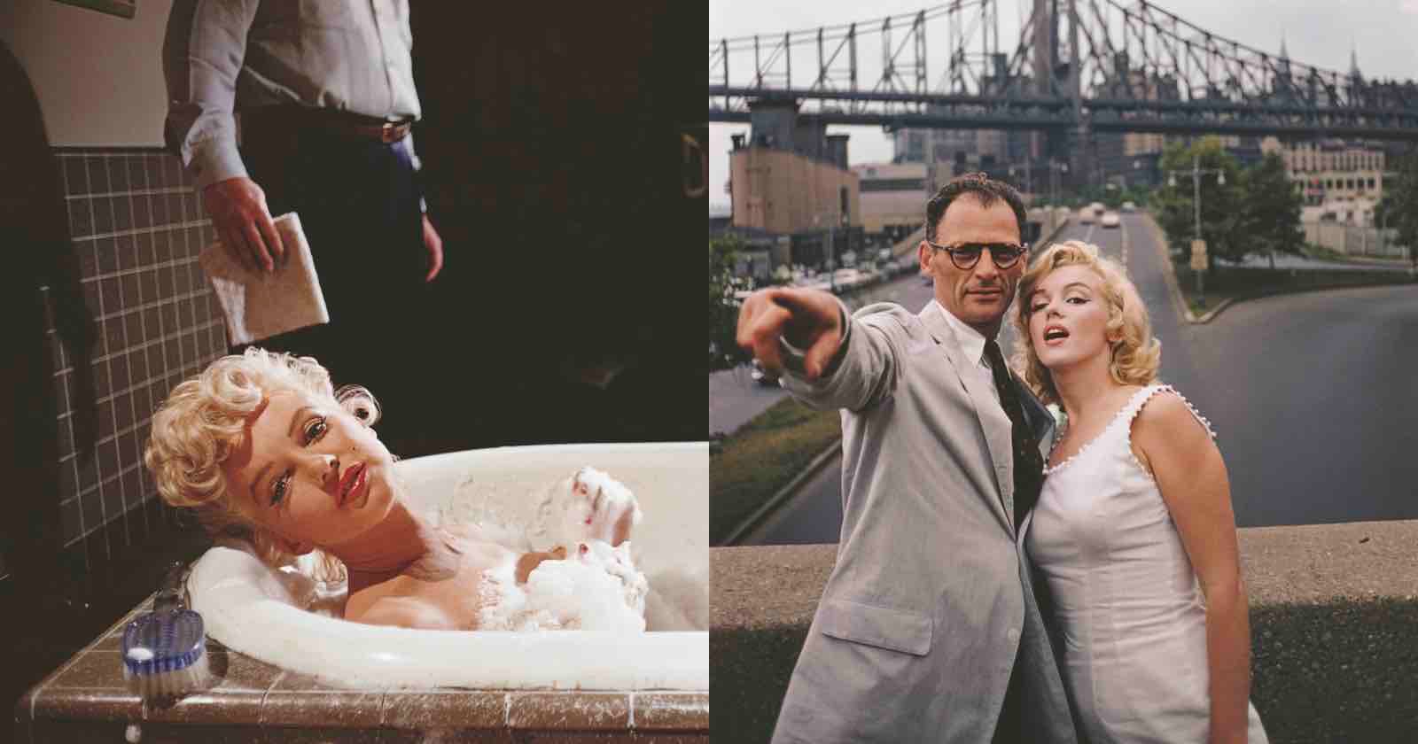 Left: A woman with blonde hair reclines in a bathtub filled with bubbles, looking up as a standing figure holds a towel. Right: A man in glasses and a woman in a white dress stand outside, with a city bridge in the background.