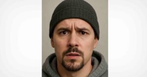 A man wearing a dark beanie and hoodie stares forward with a furrowed brow and slightly open mouth, appearing confused or concerned. The background is plain and neutral.