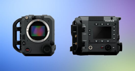 Two components of a Fujifilm camera are displayed: on the left, a lens mount with a handle and "REC" button; on the right, a rectangular body with an LCD screen and various buttons, set against a gradient blue and purple background.