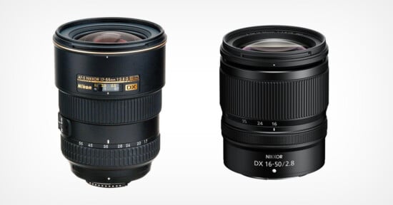 Two Nikon camera lenses are standing upright side by side against a white background. The left lens is marked "AF-S DX NIKKOR 12-24mm," and the right lens is marked "NIKKOR DX 16-50mm.