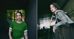 Split image: Left side shows a woman in a green shirt standing in a dimly lit tunnel, looking at the camera. Right side shows the same woman leaning on a railing under a bridge, gazing thoughtfully to the side.