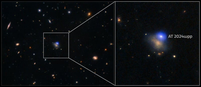 A galaxy field with a highlighted section showing a close-up of a luminous blue object labeled “AT 2024upp” amid stars and galaxies against a dark space background.
