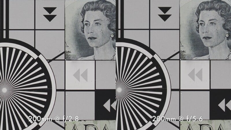 Side-by-side comparison of two close-up images of a test chart with part of a banknote, labeled “200mm @ f/2.8” on the left and “200mm @ f/5.6” on the right, showing differences in sharpness.