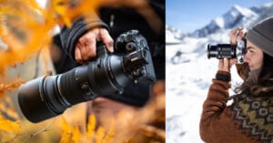Close-up of a person holding a camera with a large lens among orange leaves (left), and a person in a brown sweater and beanie using a camera in a snowy mountain landscape (right).
