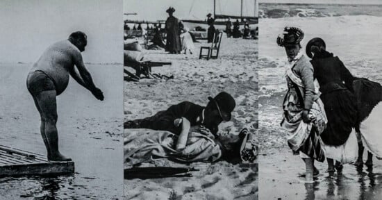 A black-and-white triptych: a man in swimwear about to dive into water, a couple kissing on a beach, and two women in long dresses walking into the sea, all set on a historic beach.