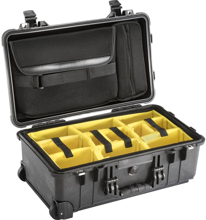 A black hard-shell carrying case with a handle, open to reveal yellow padded compartments and mesh pockets inside the lid, designed for organizing and protecting equipment.