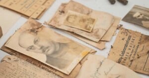 A collection of old, yellowed photographs and documents, including a black-and-white portrait of a man with a serious expression, arranged on a table, showing signs of age and water damage.