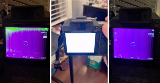 Three side-by-side photos show a digital camera's screen displaying a bright purple image with waveform and histogram data, set up indoors near a window with blinds and a desk in the background.