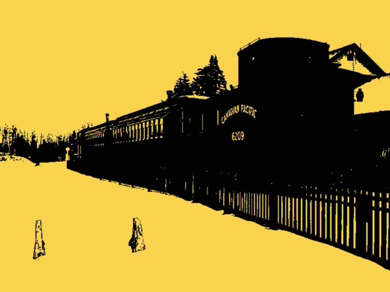A stylized, high-contrast image shows a vintage Canadian Pacific train numbered 6209 next to a fence, with trees and buildings in the background, all set against a bright yellow sky.