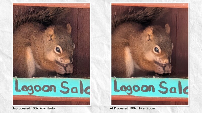 Side-by-side comparison of a squirrel eating, showing an unprocessed 100x zoom photo on the left and an AI-processed 100x HiRes zoom version on the right, both above a turquoise sign reading "Lagoon Sal.