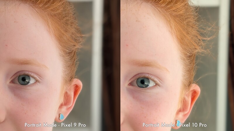 Close-up side-by-side comparison of a girl's face taken with Pixel 9 Pro (left) and Pixel 10 Pro (right) in portrait mode, focusing on her eye, ear, and hair, with differences in color and sharpness visible.