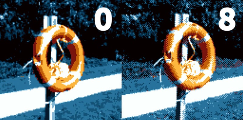 A side-by-side comparison of two images of an orange life preserver on a pole, labeled “0” on the left and “8” on the right, showing different pixelation or color filtering effects.
