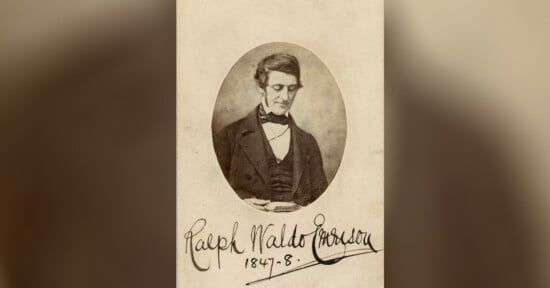 A sepia-toned portrait of a man in 19th-century attire looking down, framed in an oval. Below the image, "Ralph Waldo Emerson 1847-8" is handwritten in cursive.
