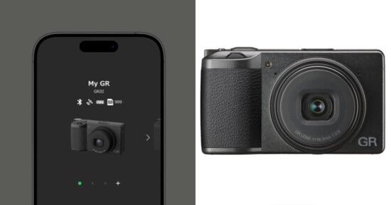 A smartphone screen displaying a camera app interface is shown on the left, and a compact black digital camera with a large lens is shown on the right, both against plain backgrounds.