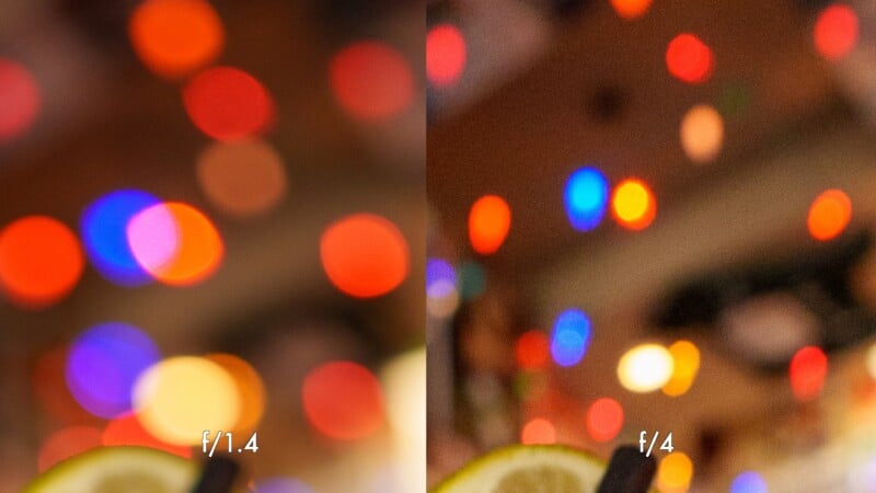 Side-by-side comparison of colorful bokeh lights, with the left image labeled "f/1.4" showing larger, softer circles, and the right image labeled "f/4" showing smaller, more defined circles.