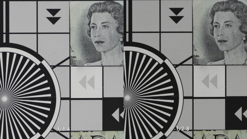 Side-by-side comparison of a test chart and part of a banknote with a woman’s portrait, labeled f/1.4 (left) and f/2.8 (right), showing differences in sharpness and detail between apertures.