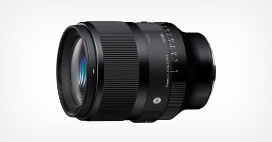 A black Sigma 35mm f/1.2 DG DN Art camera lens is shown on a plain white background, displaying its large front glass element, focus and aperture rings, and lens markings.