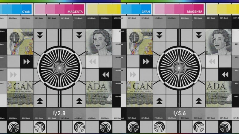Side-by-side comparison of two camera test charts, each featuring color bars, grayscale, resolution patterns, Canadian currency, and labeled apertures f/2.8 (left) and f/5.6 (right).