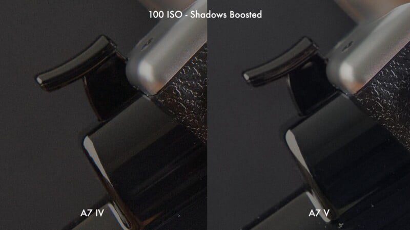 Side-by-side close-ups of a camera part, labeled "A7 IV" on the left and "A7 V" on the right, showing differences in shadow detail at 100 ISO with shadows boosted.
