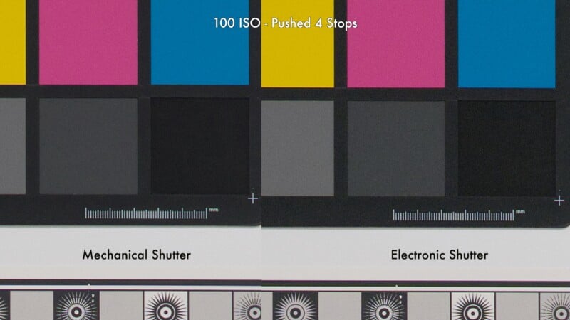 A split image compares color and grayscale test charts shot with a mechanical shutter (left) and an electronic shutter (right) at 100 ISO, pushed 4 stops. Text labels each shutter type and measurement tools appear at the bottom.