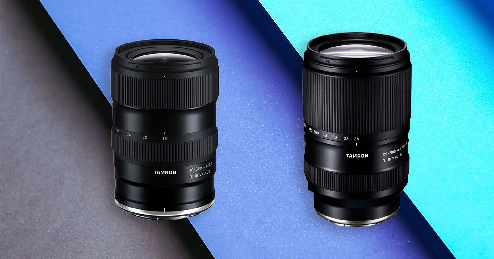 Two Tamron camera lenses are displayed on a diagonal background with dark gray and bright blue contrasting colors. The lenses are positioned upright, showcasing their detailed markings and textured focus rings.