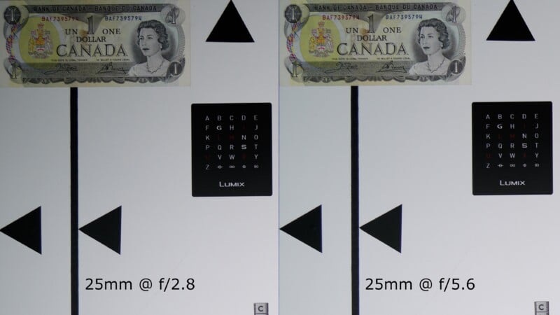 Side-by-side image comparison of two photos showing a Canadian one-dollar bill and a focus test chart, labeled “25mm @ f/2.8” on the left and “25mm @ f/5.6” on the right.