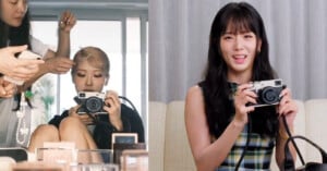 Two side-by-side photos show a woman holding a camera. On the left, she sits while getting her hair styled. On the right, she smiles at the camera while sitting on a couch, holding the same camera.