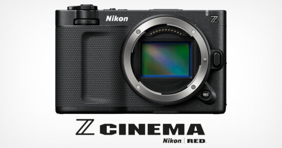 A black Nikon Z camera body without a lens is centered on a white background, with "Z CINEMA Nikon | RED." text below it in bold black letters.