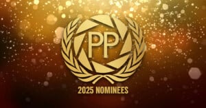 A gold emblem with "PP" in the center and laurel branches around it, above the text "2025 Nominees," set against a sparkling, bokeh light background.