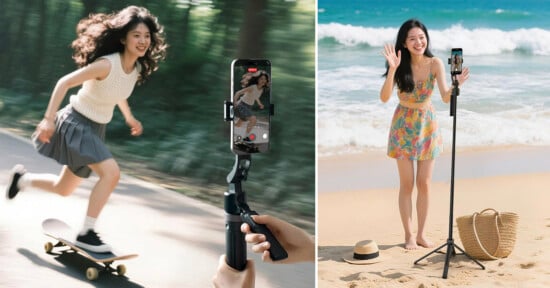 Two images: On the left, a smiling young woman skateboards outdoors while being filmed on a smartphone. On the right, she waves at the camera, posing on a beach beside a tripod, a hat, and a woven bag.
