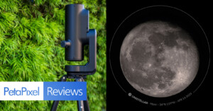 A split image: left side shows a black telescope on a tripod in front of green foliage; right side displays a detailed close-up photo of the Moon with cratered surface, labeled with coordinates and date.
