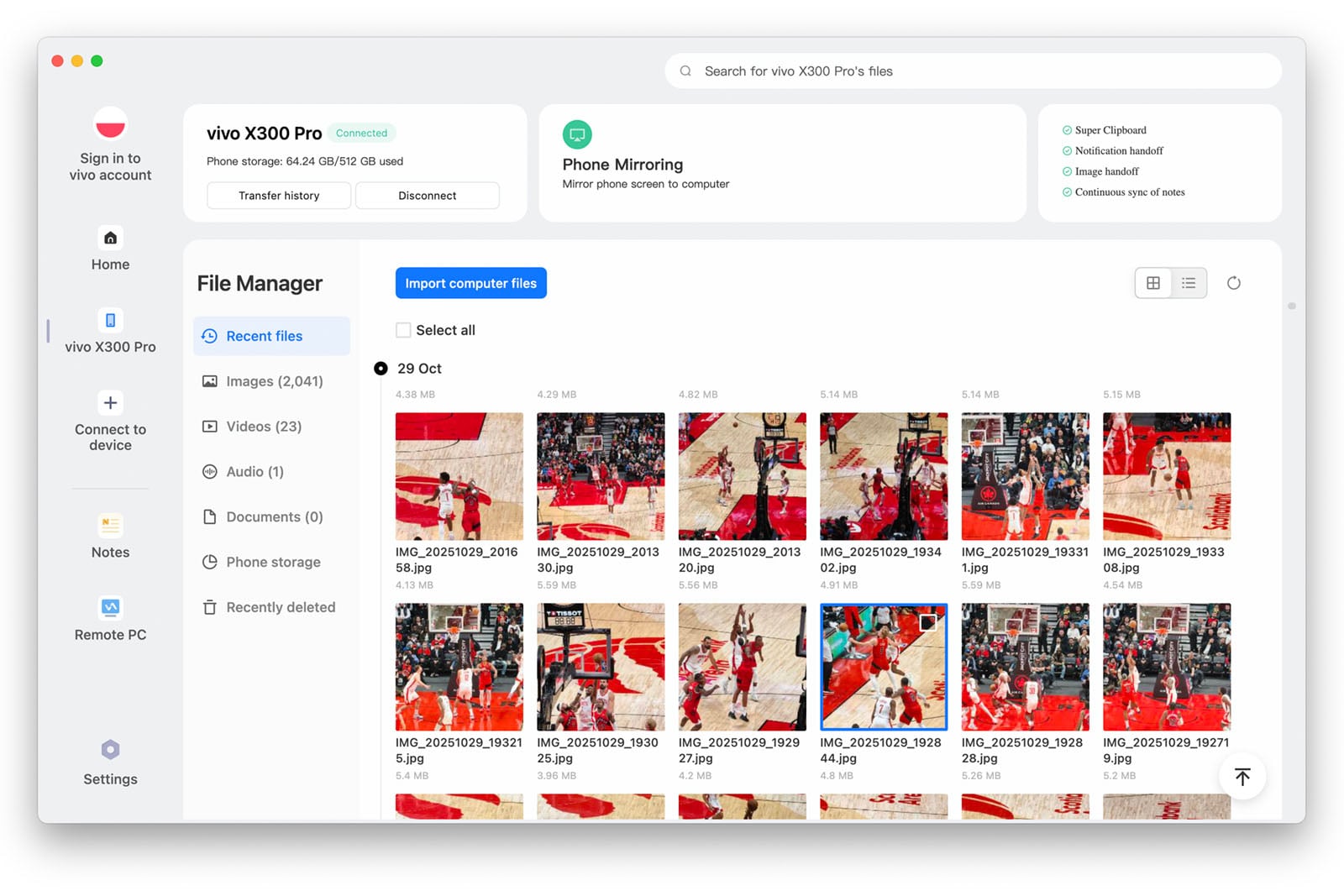 A computer screen displays a phone management app with photo thumbnails of basketball games. The sidebar shows options like files, notes, and remote PC, and the main section highlights recent files and import options.