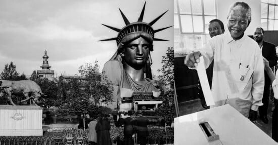 A split image: on the left, the Statue of Liberty’s head in a park with people and animal statues; on the right, a smiling man places a ballot in a box while others watch in a voting station.
