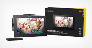 A digital drawing tablet by xencelabs displayed next to its packaging box which highlights the same vibrant, colorful artwork featured on the tablet’s screen. a stylus is also shown in front.