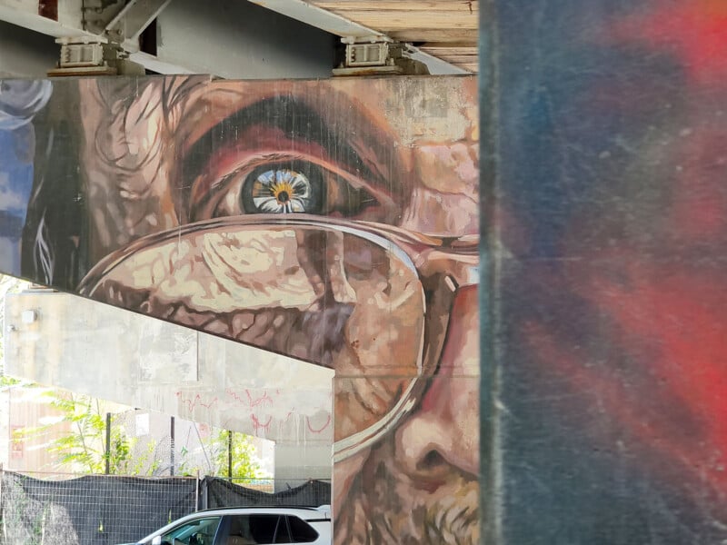 A mural under a bridge shows a close-up of a face wearing glasses, with a daisy reflected in the eye. Part of the mural is obscured by a pillar, while sunlight and fencing are visible in the background.