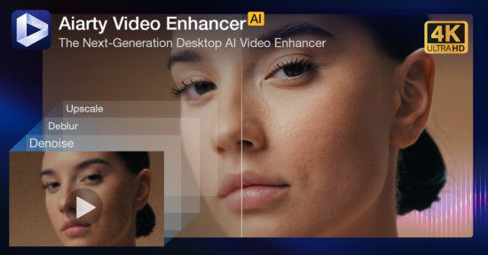 A promotional image for Aiarty Video Enhancer AI shows a woman’s face split in half to illustrate video enhancement; the left side is blurry, while the right side is sharp. Text highlights features: upscale, deblur, and denoise.
