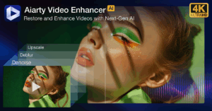 Promotional image for Aiarty Video Enhancer AI, showing a woman with colorful eye makeup and graphical overlays for “Upscale,” “Deblur,” and “Denoise.” Text mentions 4K Ultra HD and “Restore and Enhance Videos with Next-Gen AI.”.