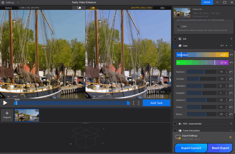 A video enhancer software interface shows a split-screen comparison of a boat at a dock, with editing controls for temperature, tint, and other image settings on the right, and export options at the bottom.