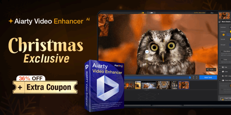 A promotional banner for Airty Video Enhancer AI shows a laptop editing an owl video, with text "Christmas Exclusive", 36% off, extra coupon, and an Airty Video Enhancer software box in the foreground.