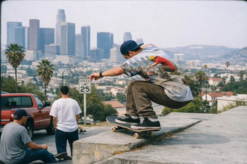 A skateboarder in a colorful shirt grinds on a ledge with a city skyline in the background. Two people watch nearby, and a speed limit sign reads 25. Palm trees and buildings are visible under a hazy sky.