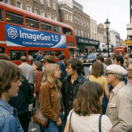 A busy city street scene with a red double-decker bus, a crowd of people talking and walking, and storefronts in the background, including one labeled "Chelsea Drugstore.